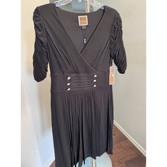 Nue by Shani Dresses & Skirts - NUE by Shani Dress Black Ruched 3/4 Sleeves Buttons‎ Pleating Crossover Size 10